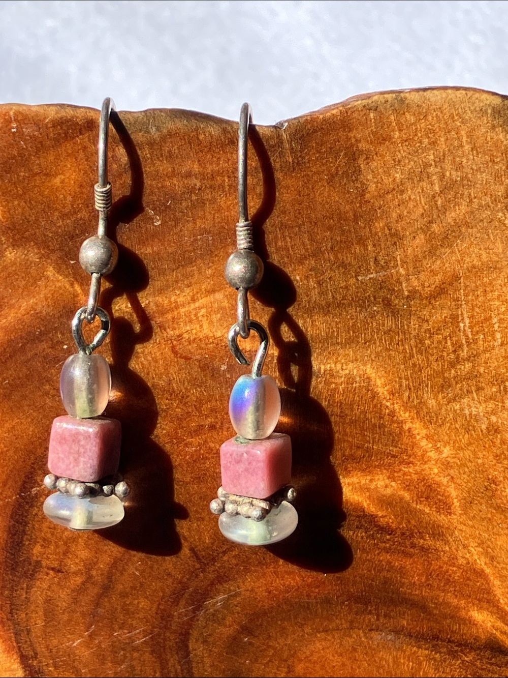Handcrafted Pink Stone and Bead Drop Earrings 925